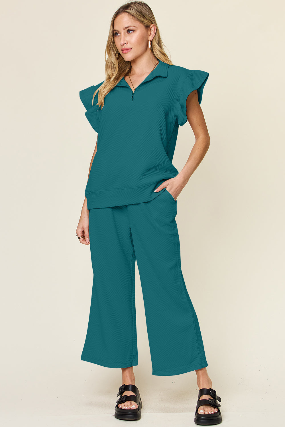 White Double Take Texture Ruffle Short Sleeve Top And Drawstring Wide Leg Pants Set
