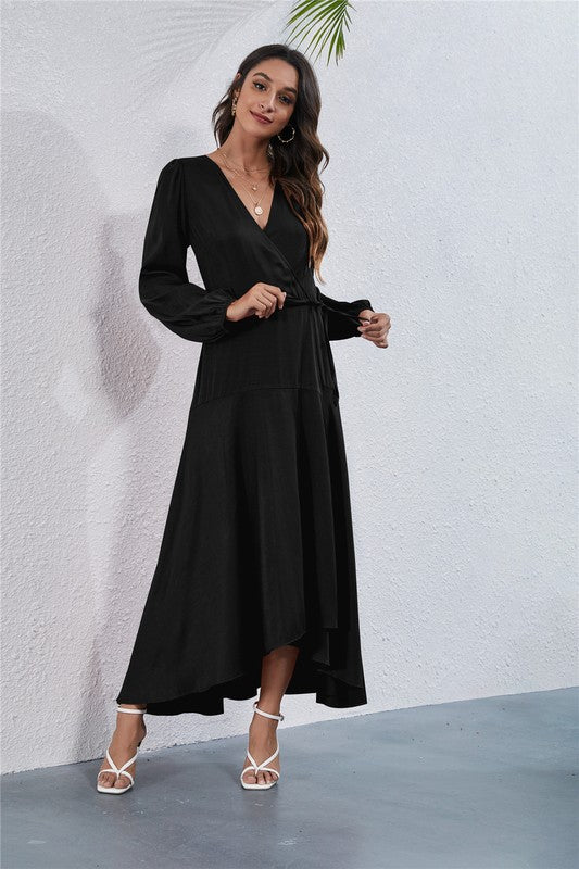 Black Womens V Neck Long Sleeve Maxi Dress