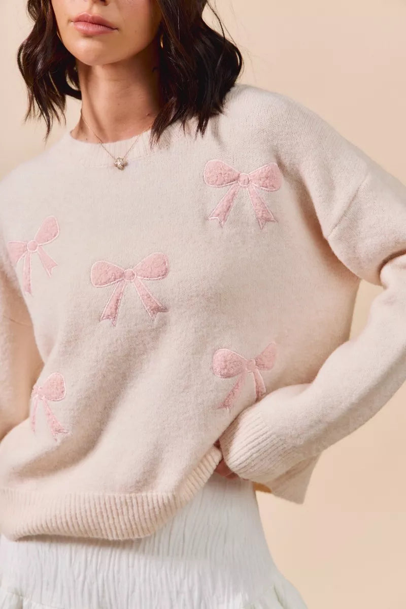 Blush So Me Embroidered Ribbon Round Neck Sweater