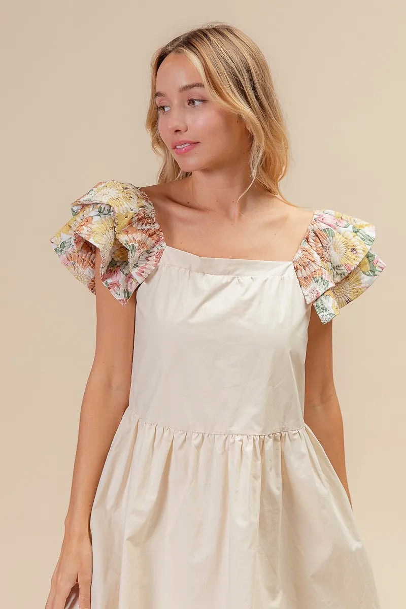 Oatmeal Bibi Flower Embroidered Floral Print Sleeve Dress