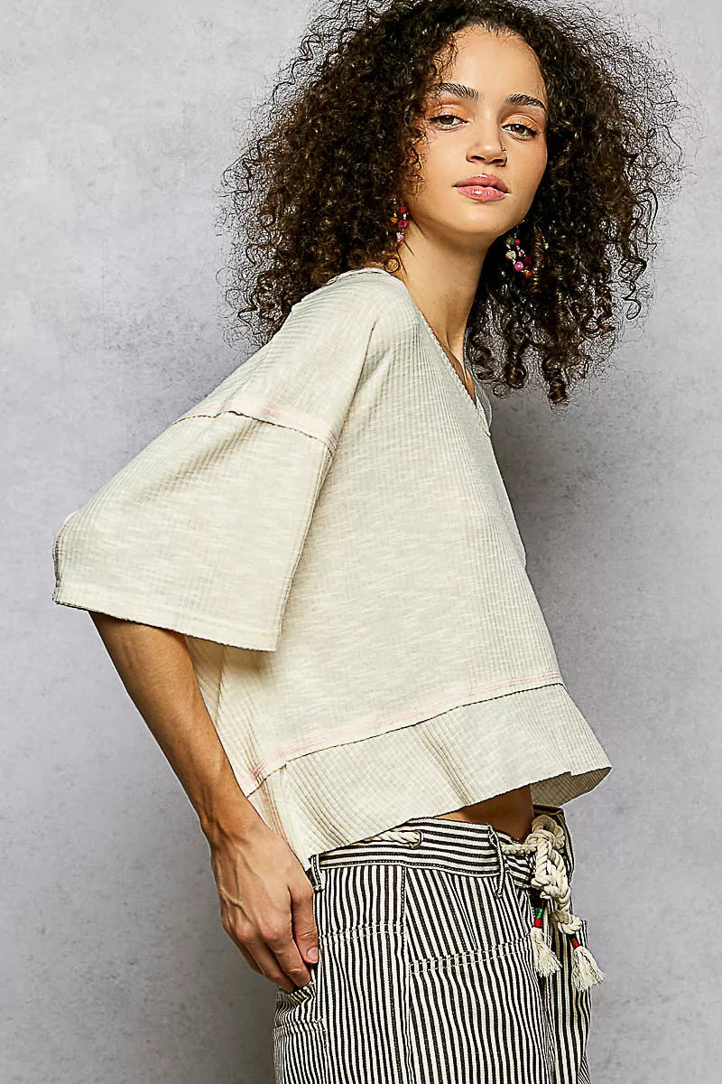 Pol Short Sleeve Ccopped Rib T Shirt With Contrast Stitch Detail