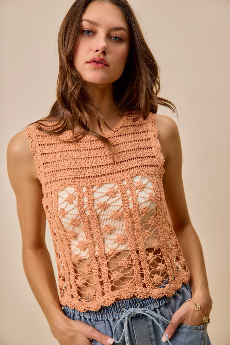 Peach So Me Crochet Knitted Lace Sweater Tank Top