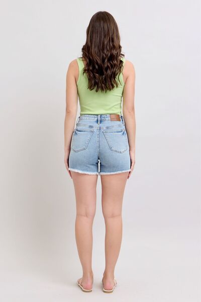 Light Judy Blue Full Size Tummy Control Raw Hem Denim Shorts Plus Size
