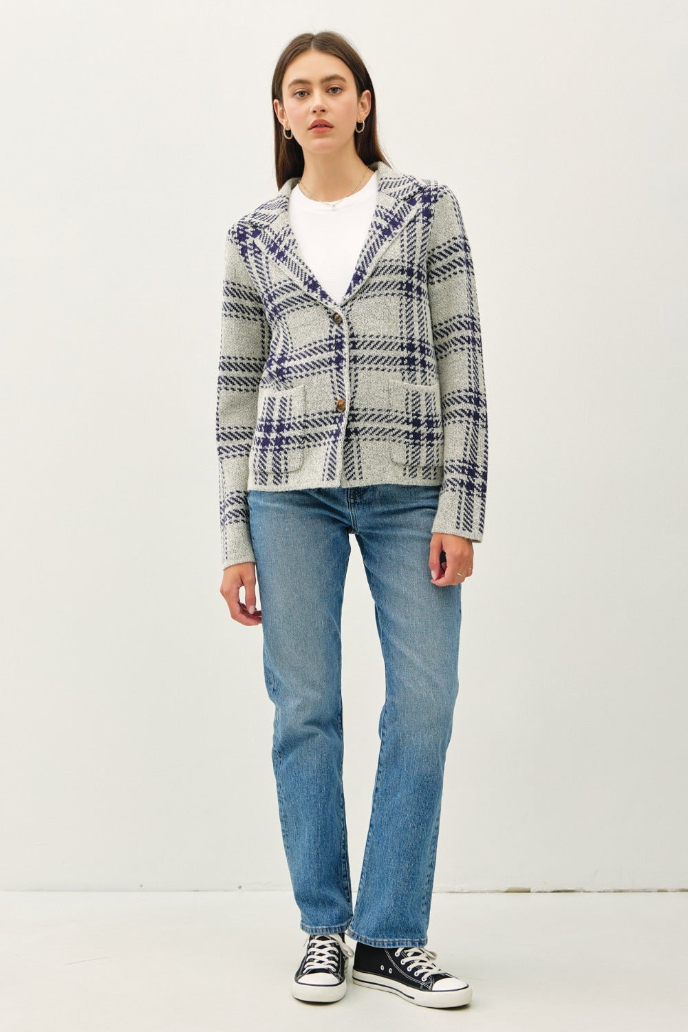 Navy Be Cool Plaid Long Sleeve Sweater Jacket With Front Patch Pockets