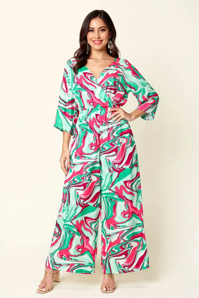 Green Double Take Full Size Half Sleeve Wide Leg Jumpsuit