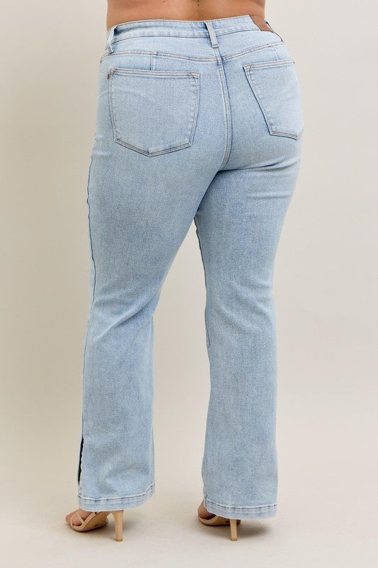Light Judy Blue Full Size Tummy Control Vintage Wash Side Slit Slim Boot Jeans Plus Size
