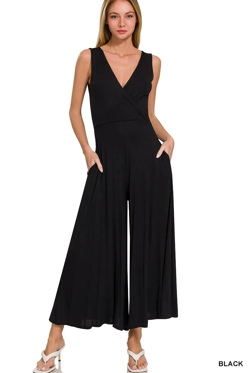 Black Zenana Surplice Neckline Sleeveless Jumpsuit
