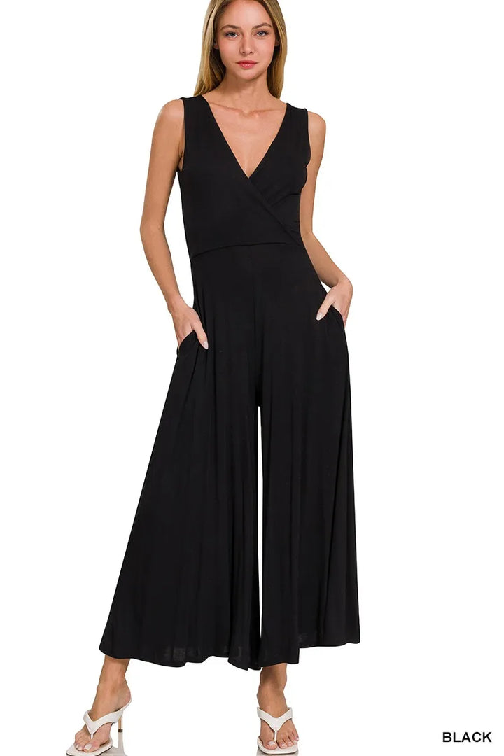 Black Zenana Surplice Neckline Sleeveless Jumpsuit