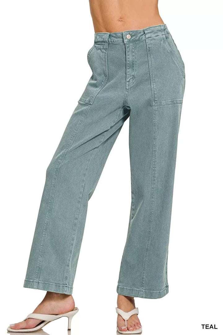 Teal Zenana Straight Leg Utility Pocket Jeans 4