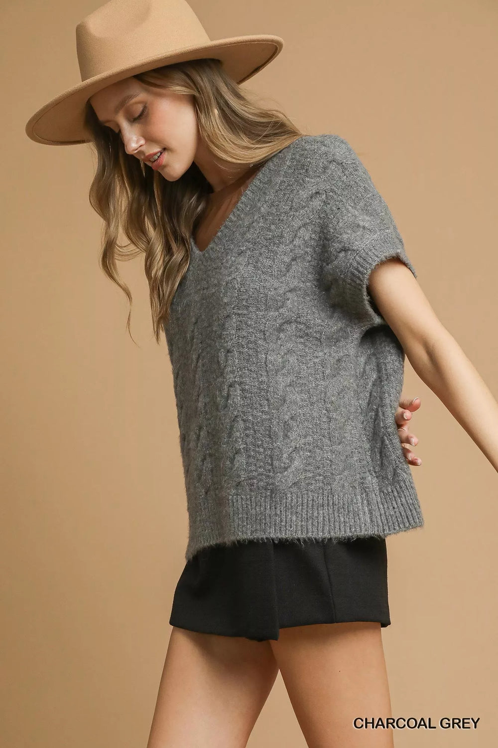 Charcoal Grey Umgee Cable Knit V Neck Sweater