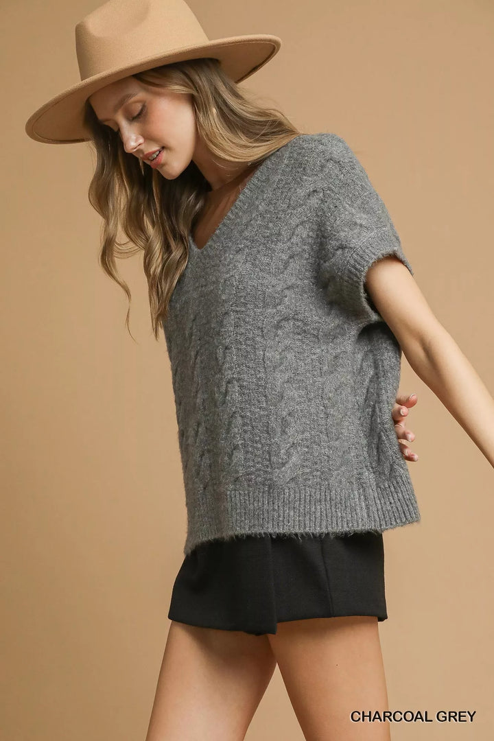 Charcoal Grey Umgee Cable Knit V Neck Sweater