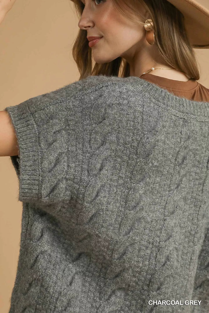 Umgee Cable Knit V Neck Sweater