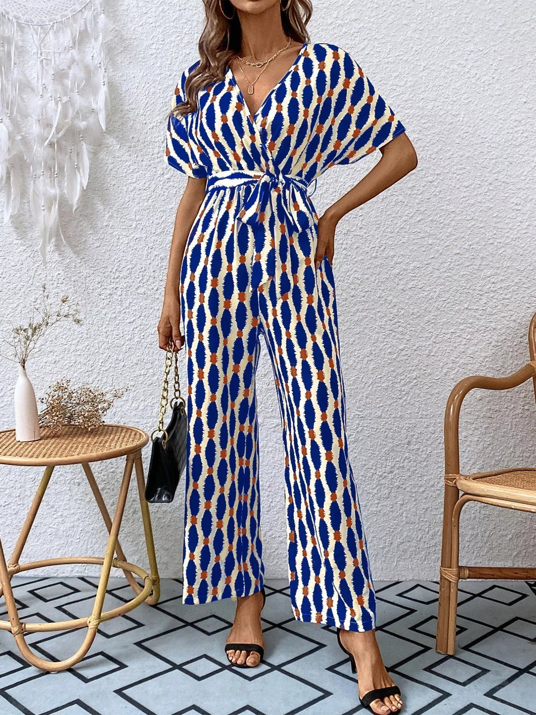 Deep Red Printed Surplice Tie Waist Short Sleeve Jumpsuit