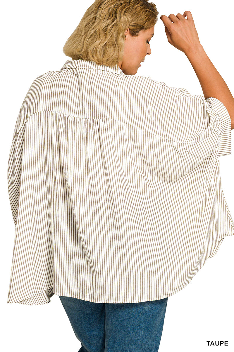 Zenana Full Size Woven Stripe Button Down Boxy Shirt Plus Size 1