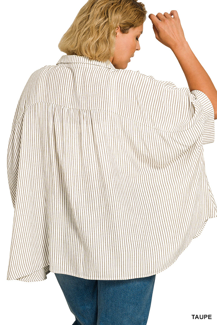 Zenana Full Size Woven Stripe Button Down Boxy Shirt Plus Size 1