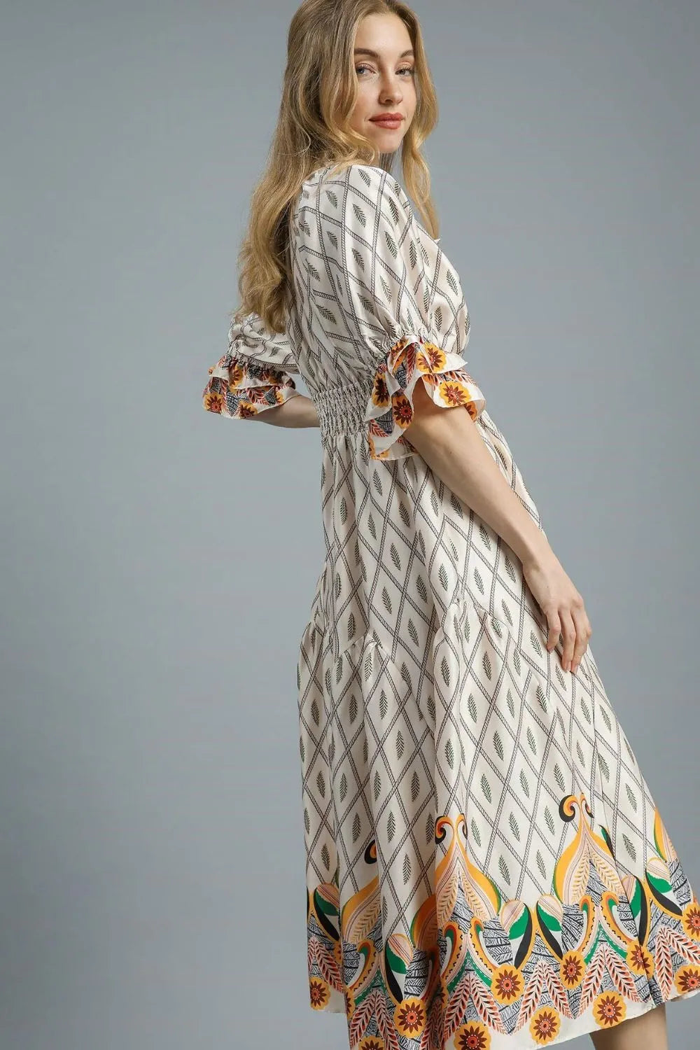 Ivory Umgee Printed Smocked Waist Flounce Sleeve Midi Dress
