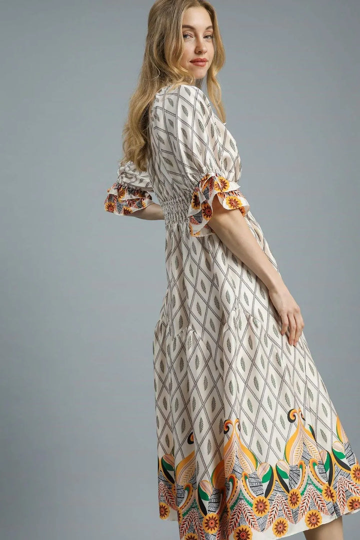 Ivory Umgee Printed Smocked Waist Flounce Sleeve Midi Dress