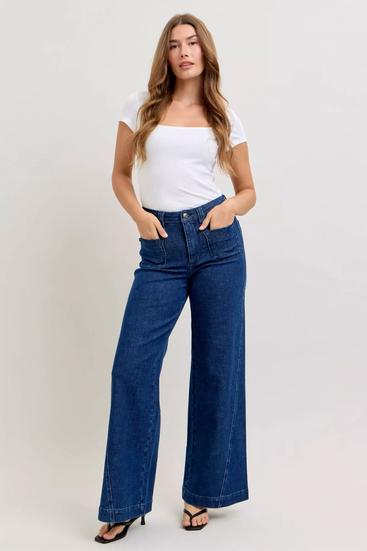 Dk Judy Blue High Waisted Retro Wide Jeans With Patch Pkts Twisted Seams