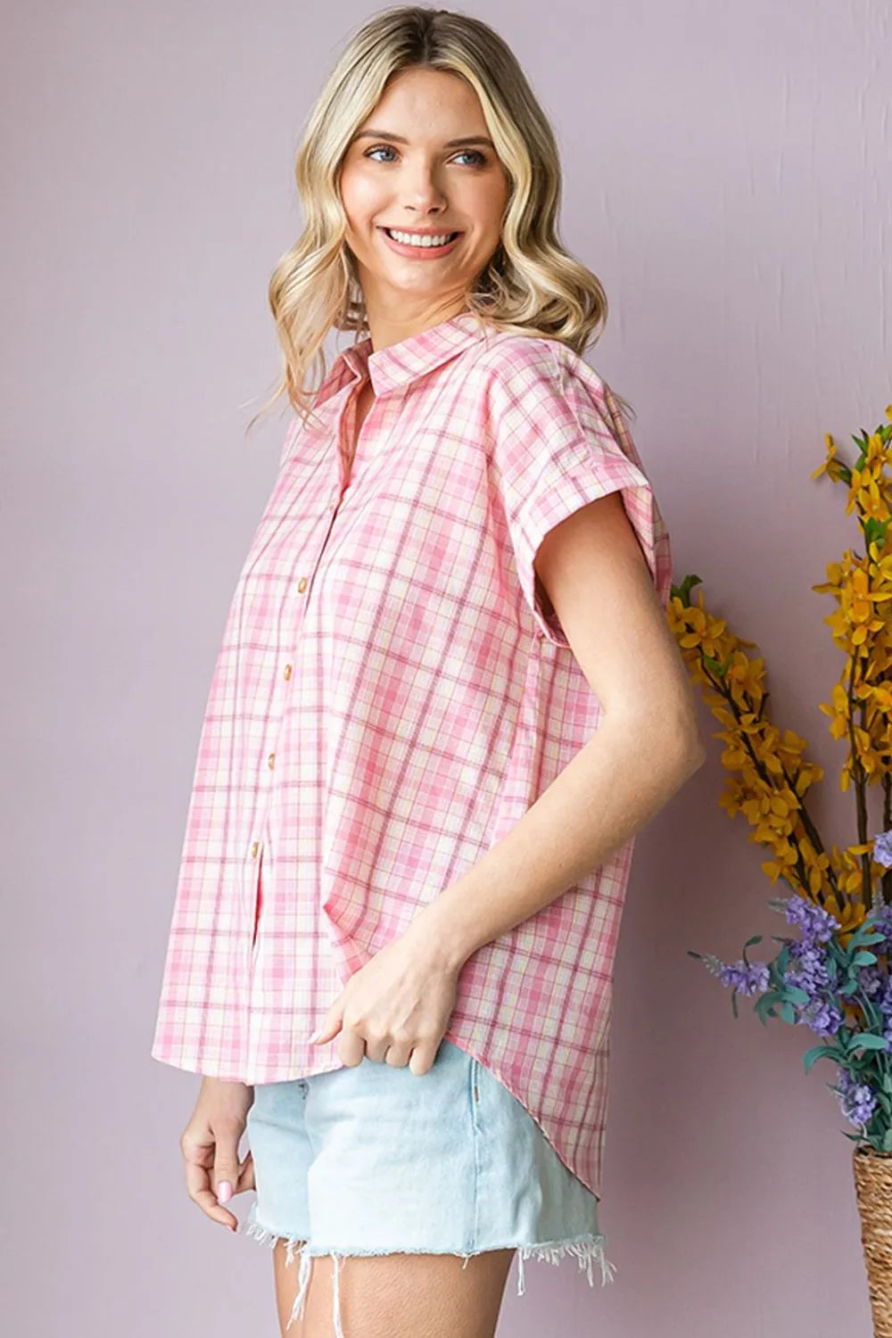 Pink Cotton Bleu By Nu Lab Plaid Collared Neck Short Sleeve Shirt