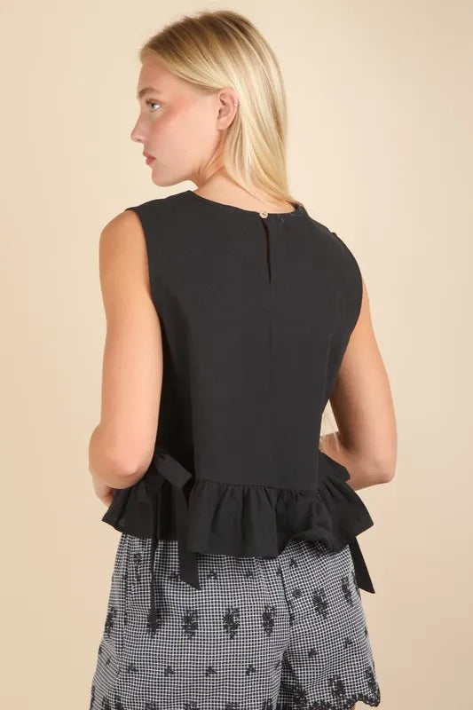 Black Very J Side Tie Detail Ruffled Sleeveless Top