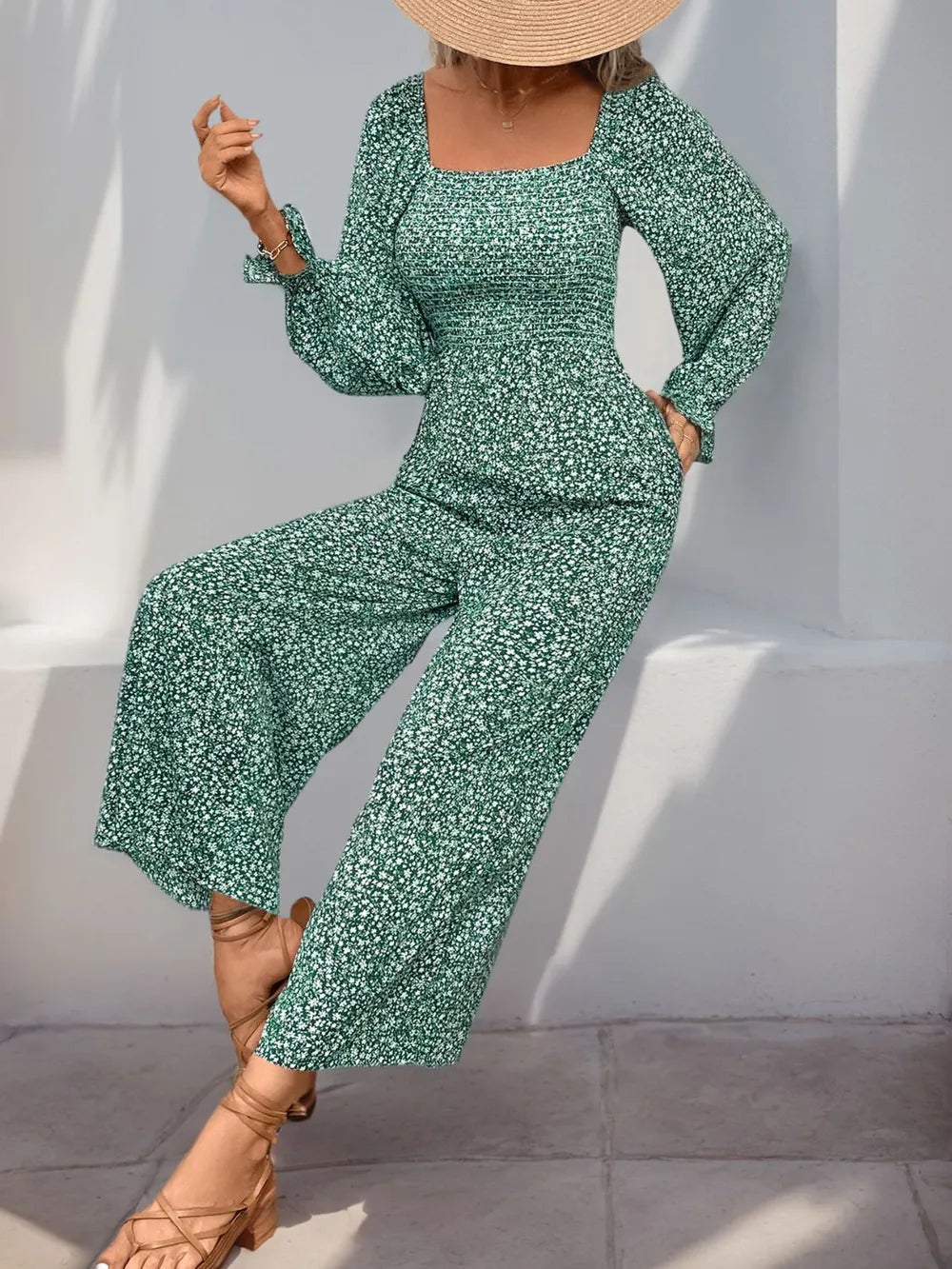 Turquoise Perfee Smocked Printed Long Sleeve Wide Leg Jumpsuit