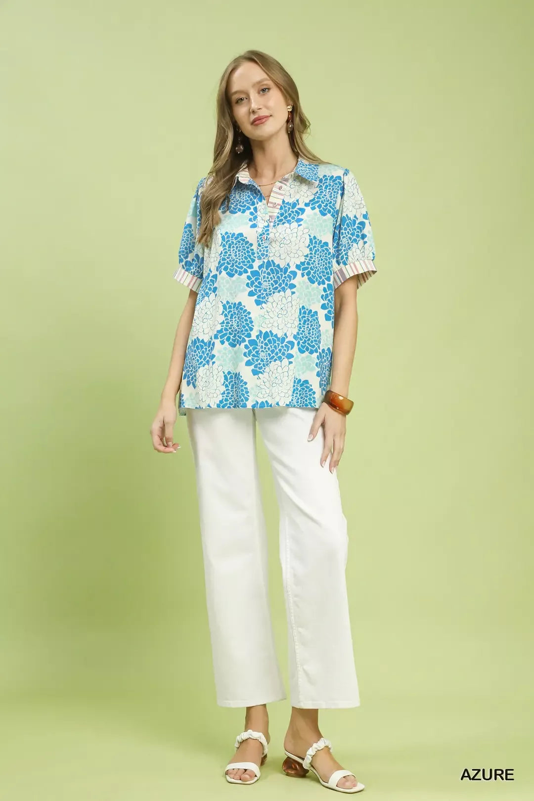 Umgee Floral Collared Short Sleeve Blouse 1