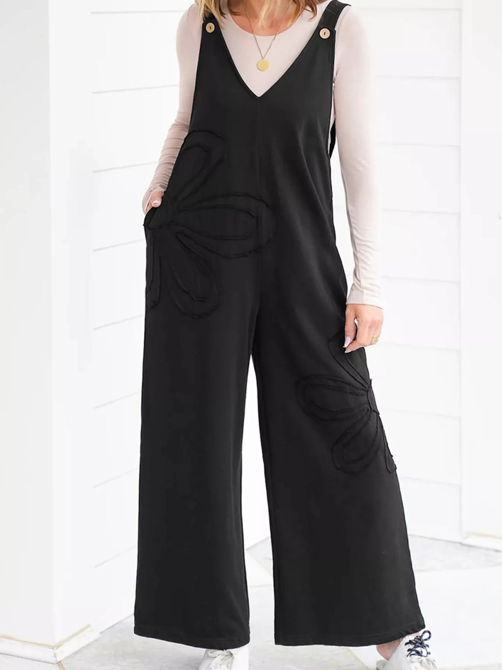 Black V Neck Wide Leg Jumpsuit 1