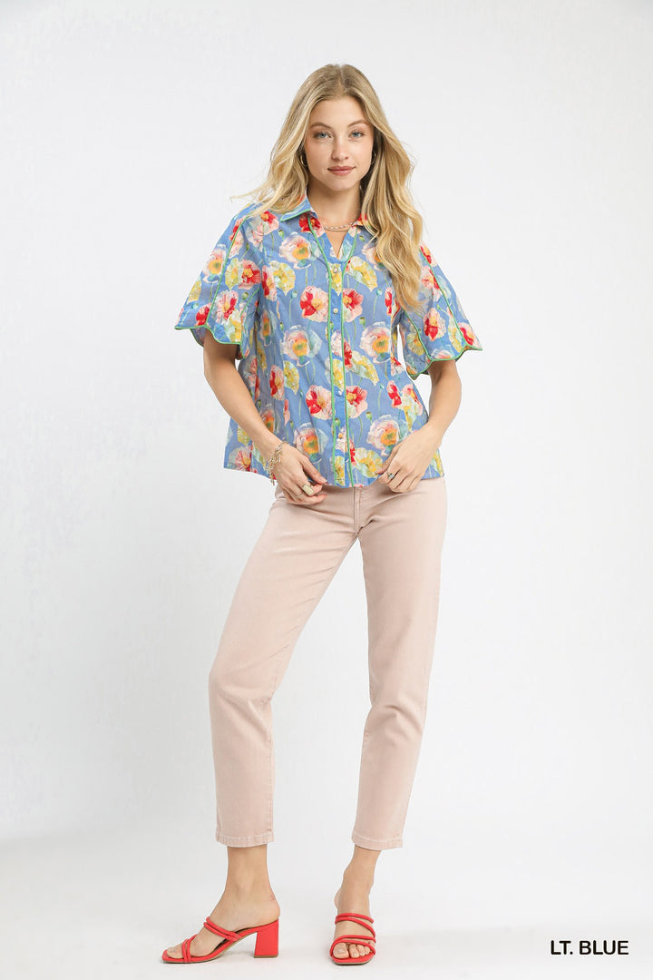 Umgee Floral Print Button Down Blouse With Flutter Sleeves