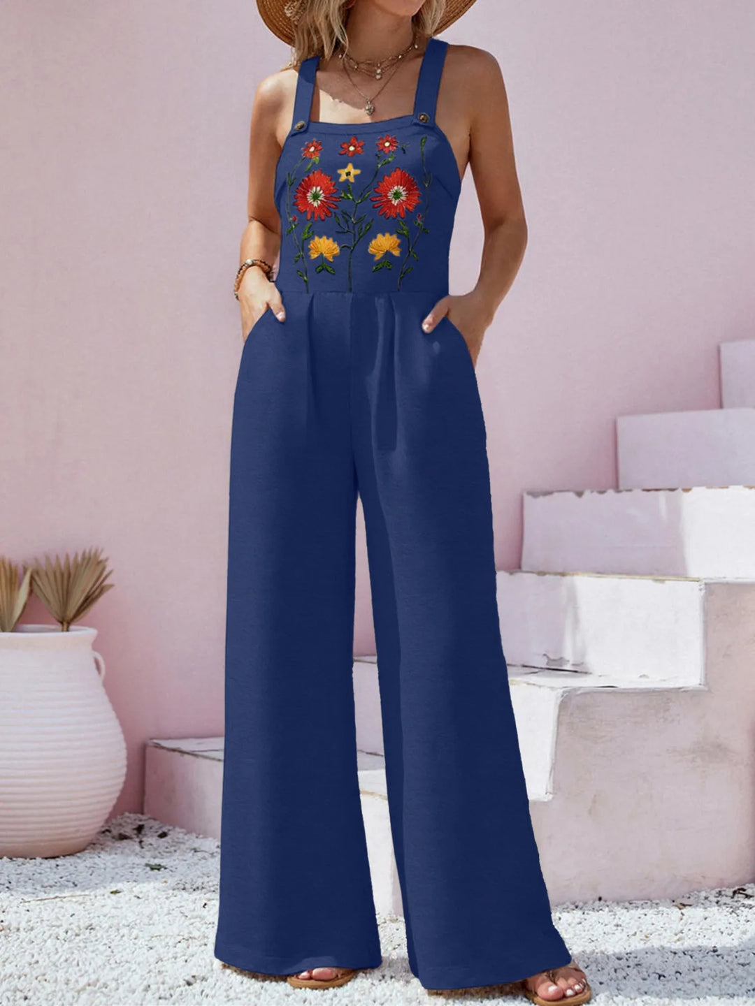 Dark Blue Floral Embroidered Wide Leg Jumpsuit
