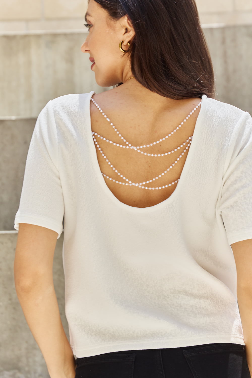 Off White And The Why Pearly White Full Size Criss Cross Pearl Detail Open Back T Shirt
