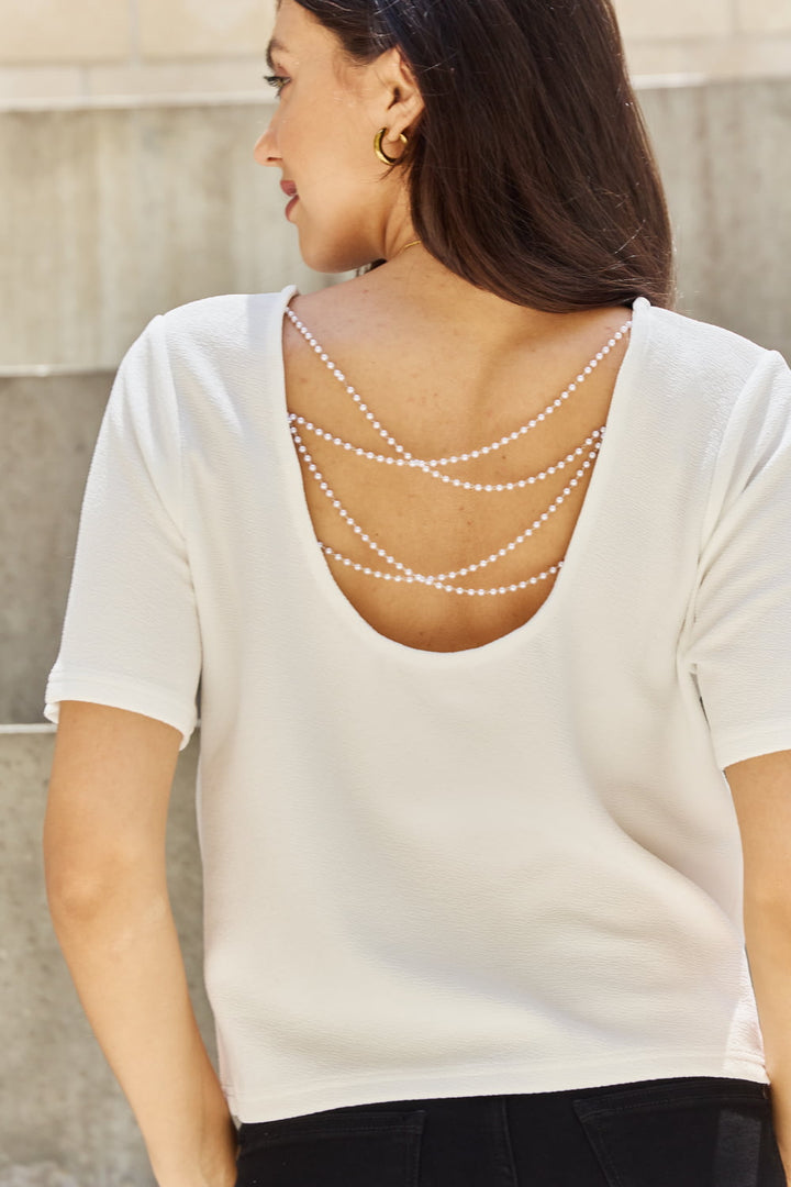 Off White And The Why Pearly White Full Size Criss Cross Pearl Detail Open Back T Shirt