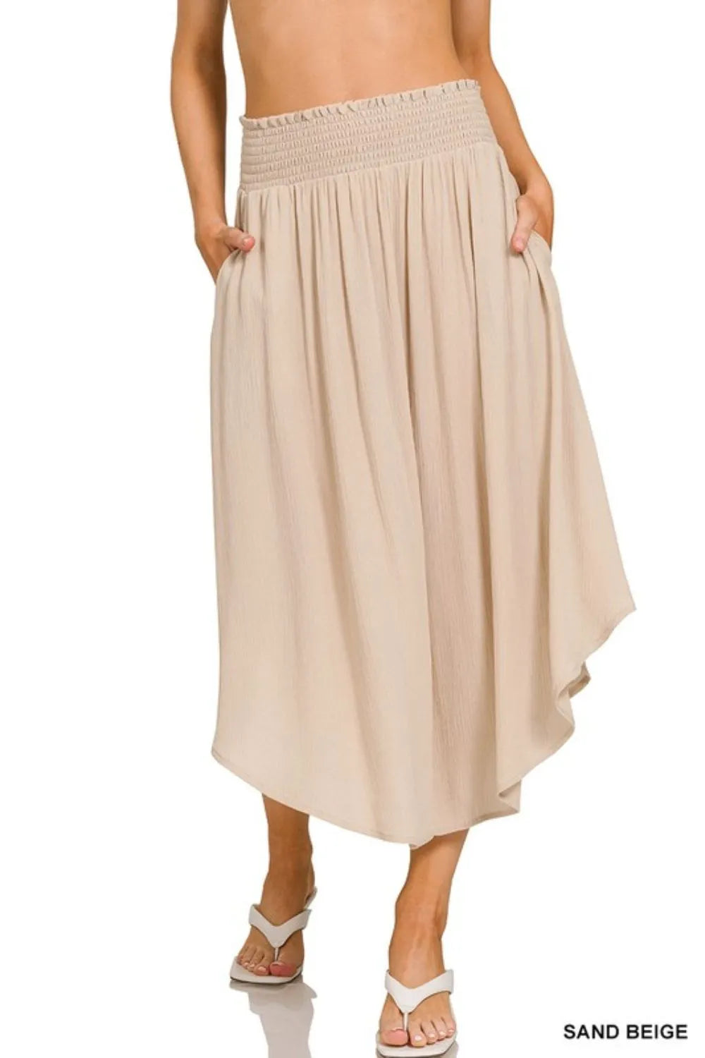 Sand Beige Zenana Woven Crinkle Smocked Waist Maxi Skirt W Pockets 2