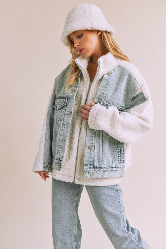 Aemi Co Denim Washed Drop Shoulder Sherpa Fake Two Pieces Jacket