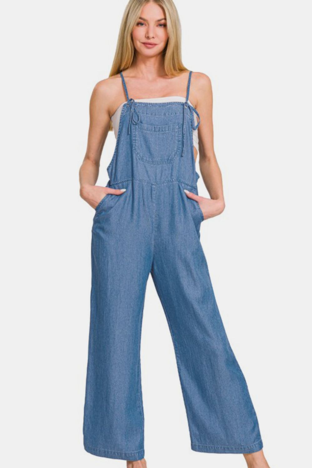 Dusty Blue Zenana Washed Adjustable Strap Wide Leg Denim Overalls