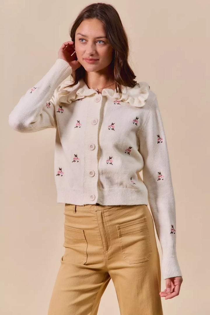 So Me Collared Floral Embroidered Button Down Sweater Cardigan