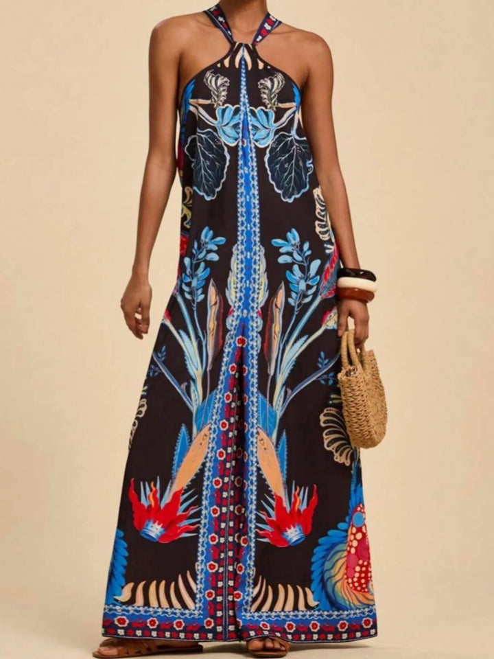 Sky Blue Printed Halter Wide Leg Jumpsuit
