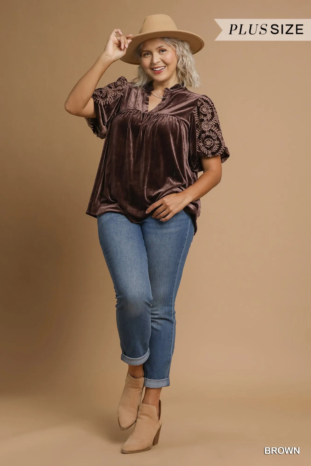 Umgee Full Size Velvet Embroidered Sleeve Blouse Plus Size