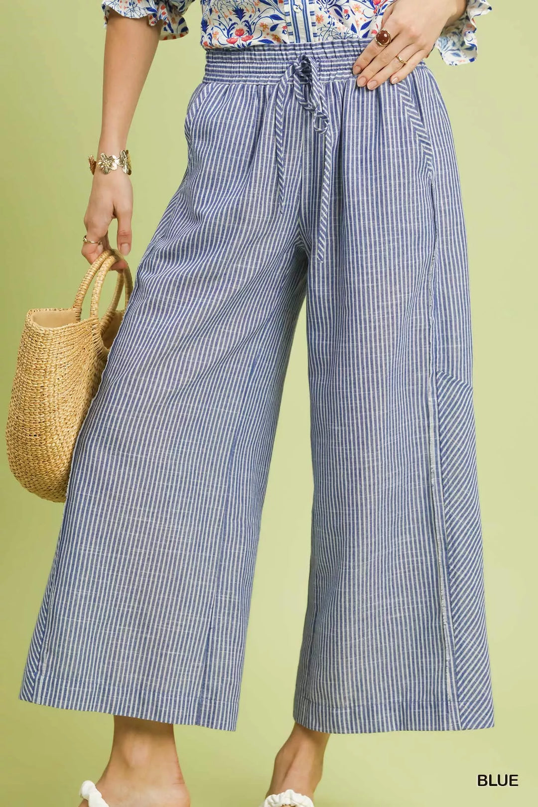 Blue Umgee Linen Blend Striped Wide Leg Pants