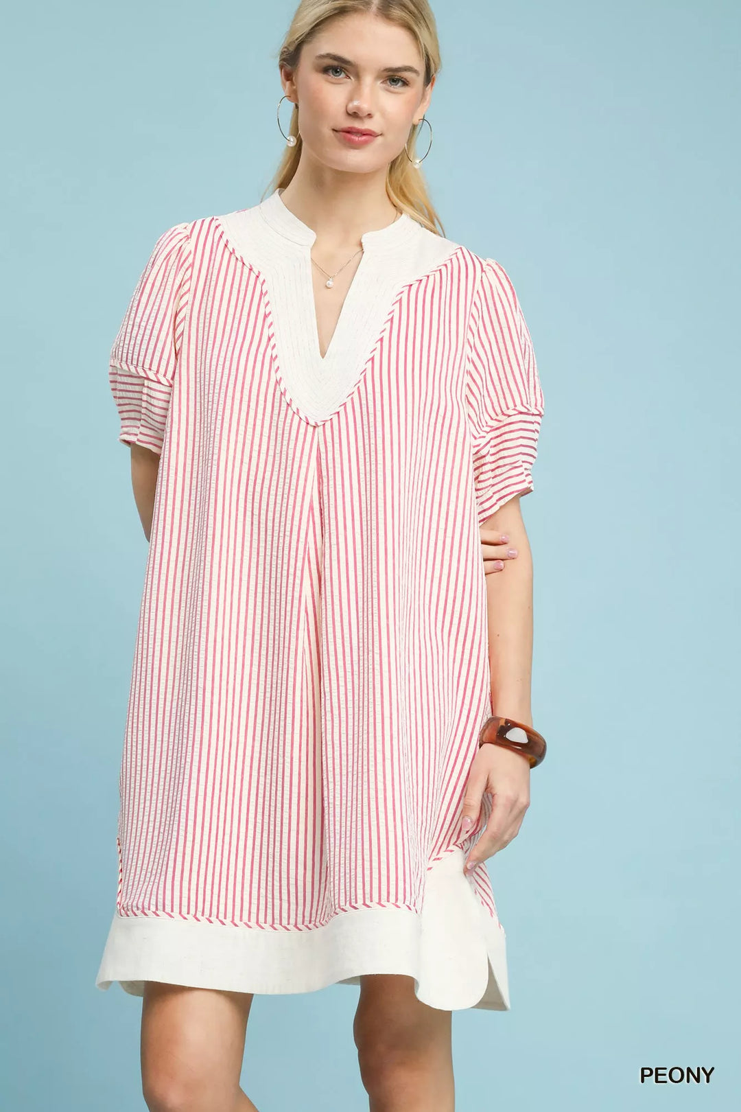 Peony Umgee Pinstripe Shift Dress With Contrast Trim 1
