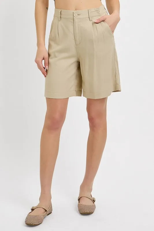 Tan Risen High Rise Pleated Front Shorts