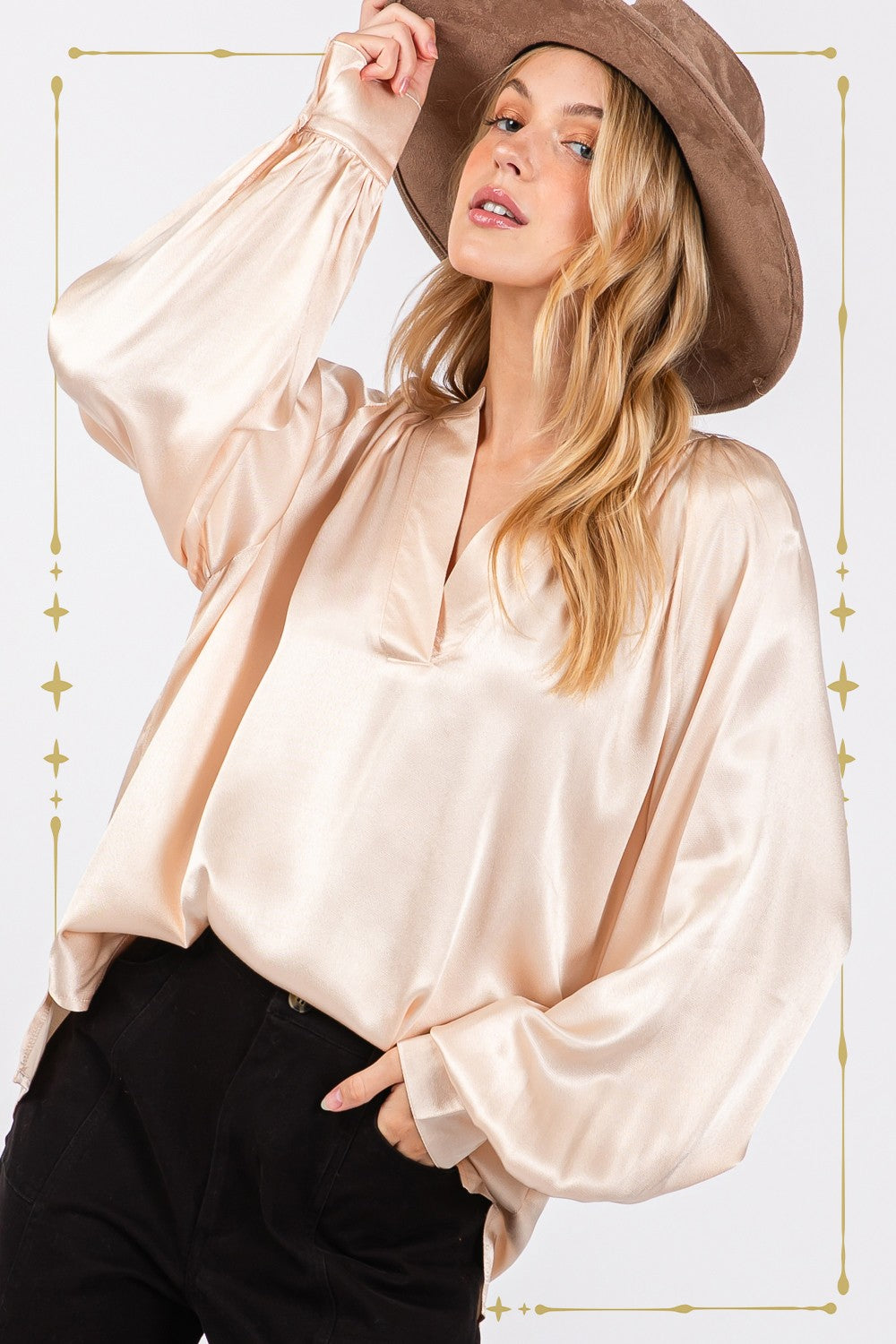 Champagne Sage Fig Notched Long Sleeve Blouse