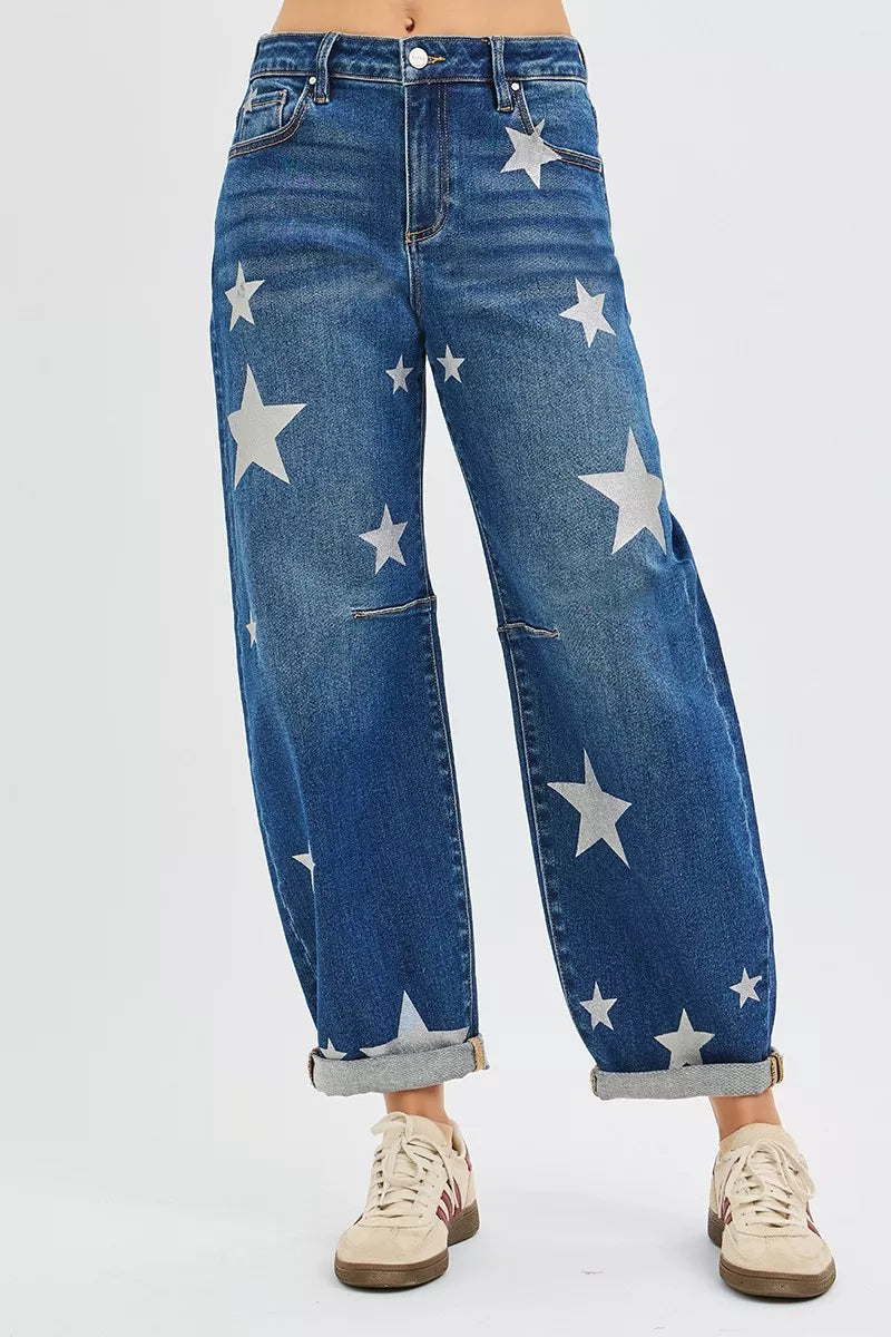 Dark Risen Mid Rise Ankle Length Relaxed Barrel Star Printed Jeans