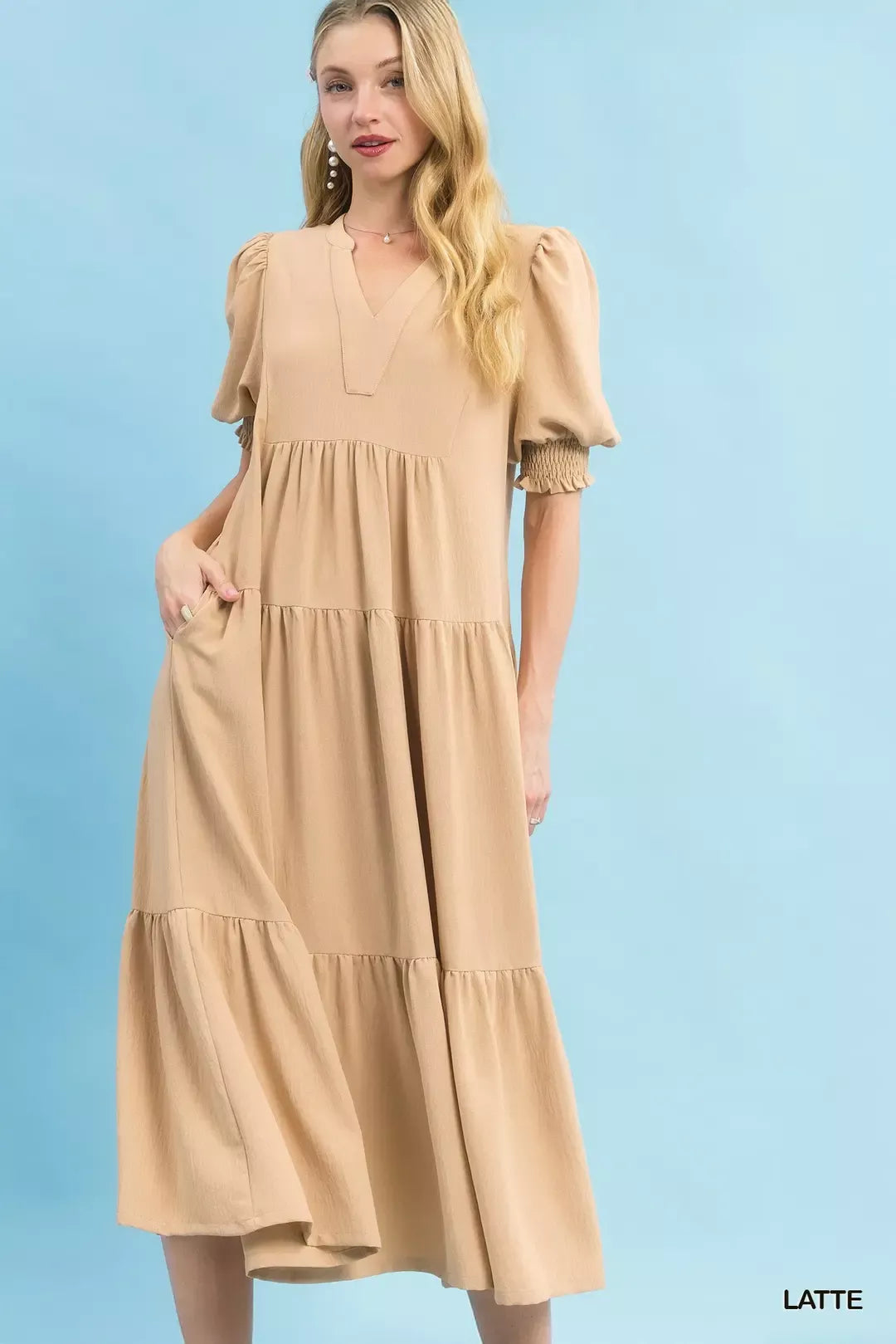 Latte Umgee V Neck Puff Sleeve Tiered Midi Dress