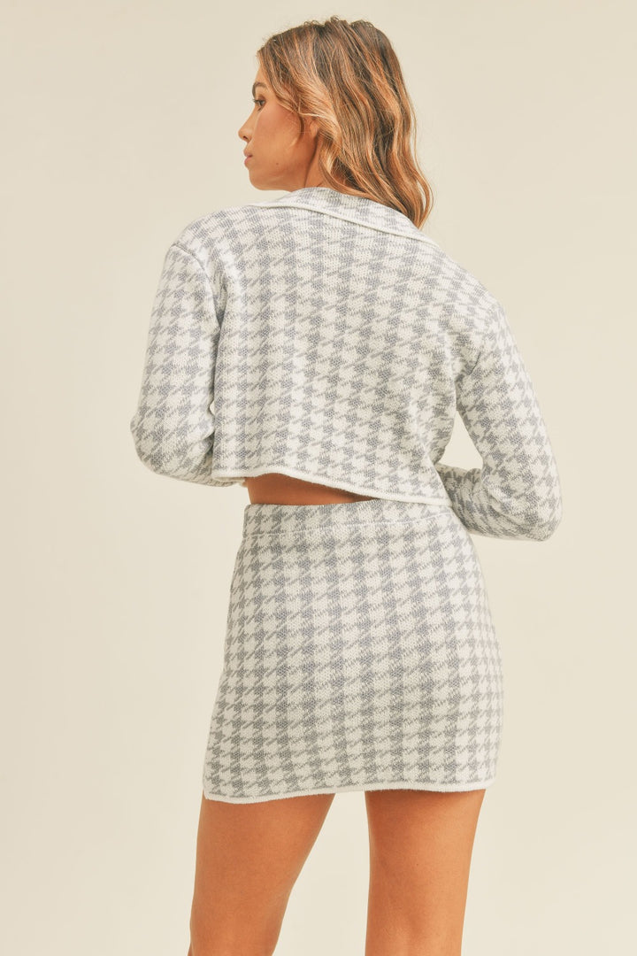 Blue Mable Houndstooth Cropped Knit Cardigan And Mini Skirt Set