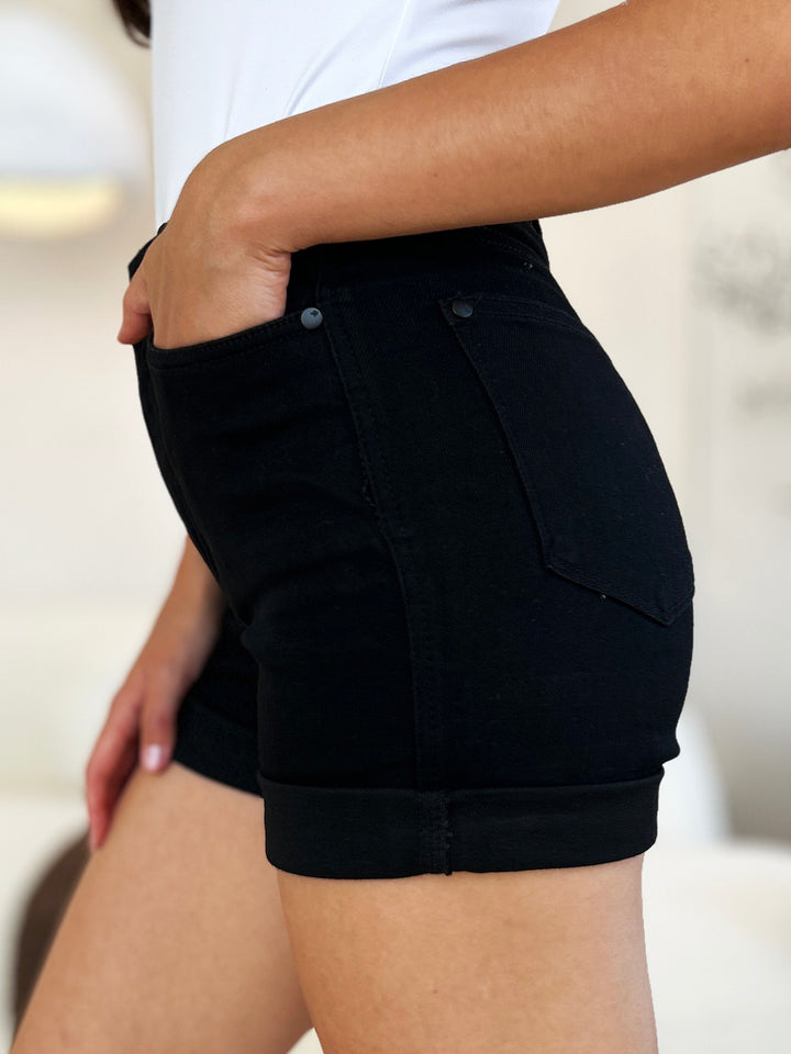 Black Judy Blue Full Size High Waist Tummy Control Cuffed Denim Shorts