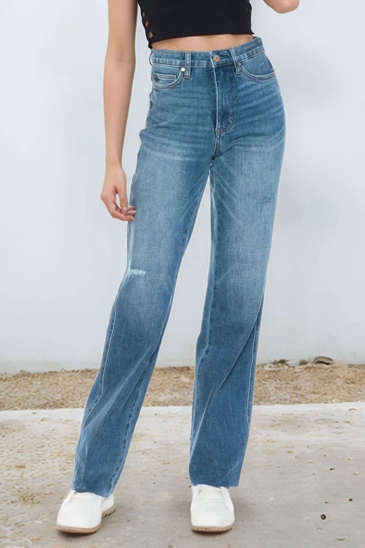 Medium Judy Blue Full Size Tummy Control Cut Raw Hem Straight Jeans 1