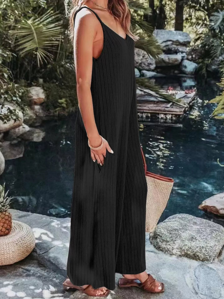 Black Ribbed V Neck Wide Leg Jumpsuit