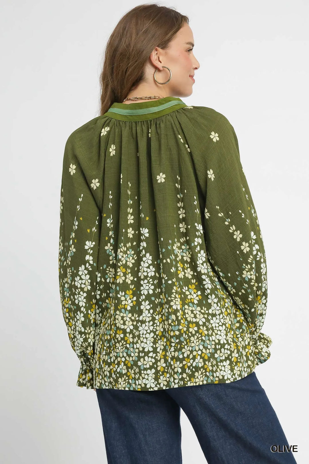Olive Umgee Floral Vine Print Blouse With Balloon Sleeves