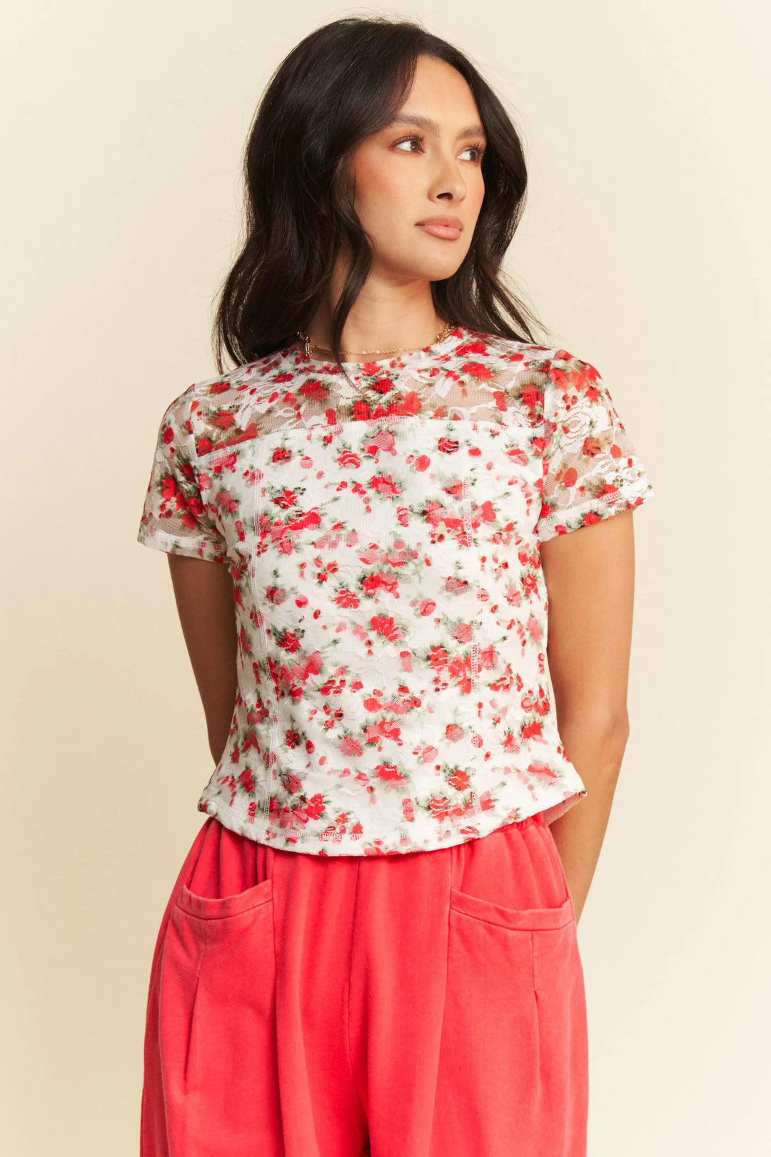 White Multi Davi Dani Ribbon Short Sleeve Layered Mesh Top