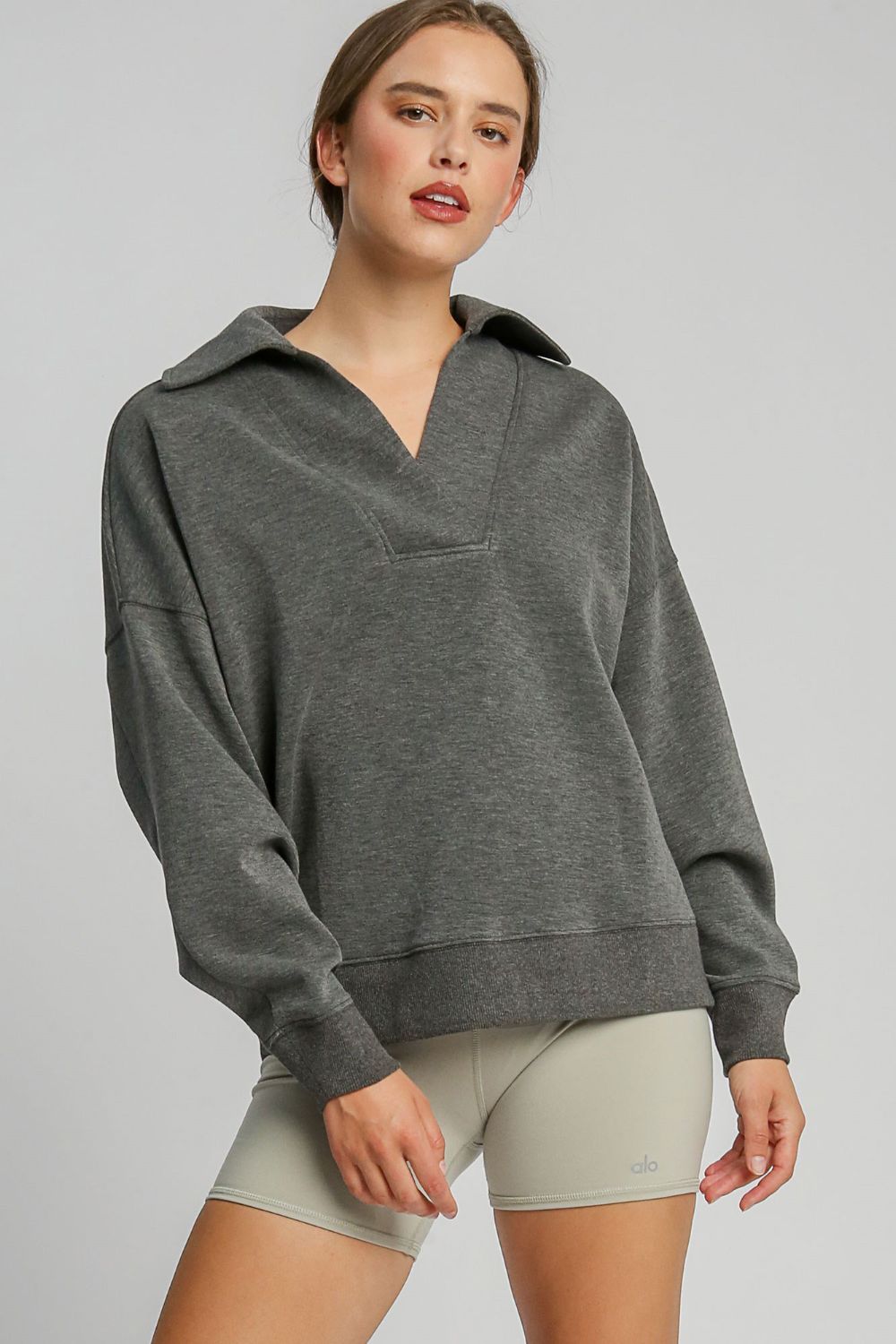 Charcoal Umgee Johnny Collar Dropped Shoulder Sweatshirt 2